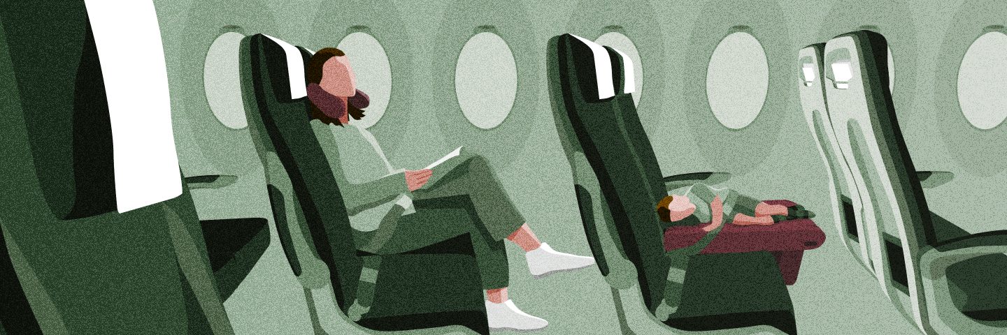 Illustration of a person sitting in an aeroplane and a child sleeping in the row in front