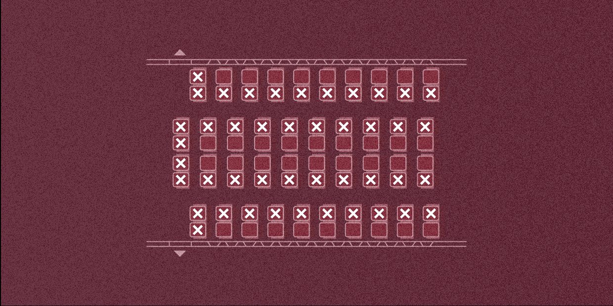 Graphically simplified map of aircraft seats, some of which are crossed out