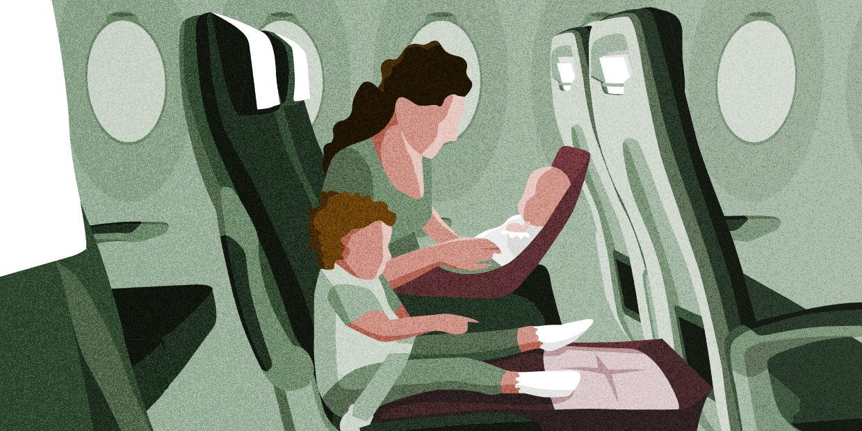 Illustration of a mother with a baby and a child sitting next to her