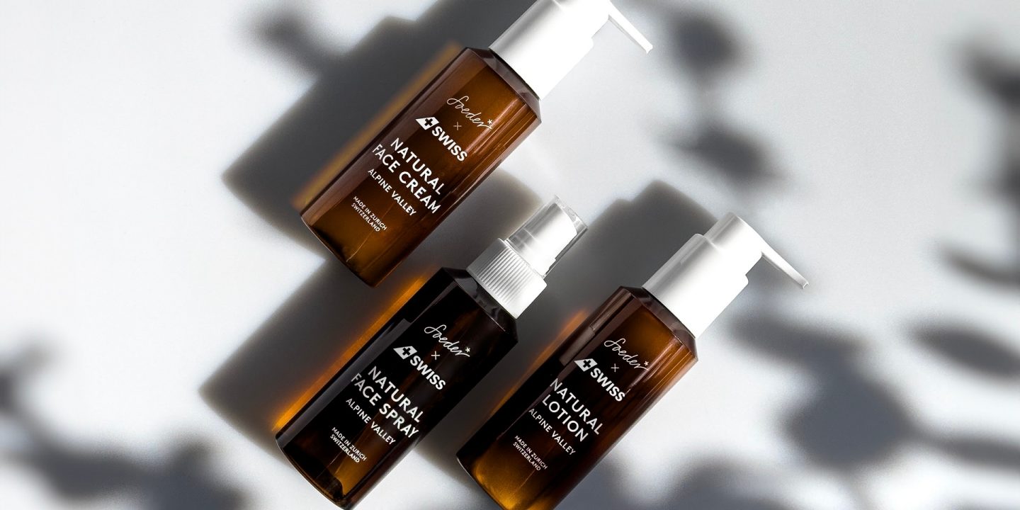 Foeder x Swiss natural skincare: face cream, spray, and lotion.