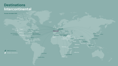 The SWISS route network for intercontinental flights in summer 2026.