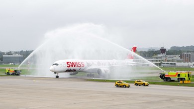 After landing, the Airbus A350 was given a fitting welcome with a spectacular water salute.