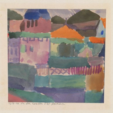 Paul Klee. In den Häusern v. St. Germain, 1914, 110 In the Houses of St. Germain Watercolour on paper on cardboard 15,5 x 15,9/16,3 cm. Zentrum Paul Klee, Bern, Schenkung Livia Klee.