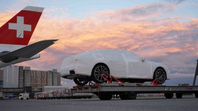 Audi A7 sports car waiting to be loaded in SWISS Airbus A340-300 to JNB.