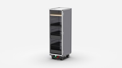 A trolley with three new drawers in black and a white tray.